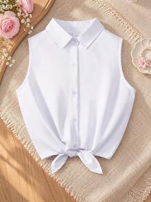 Tween Girl Versatile Casual School Style Solid White Tie Up Sleeveless Shirt, Suitable For Vacation, Gathering, Group Activities - White - View 2