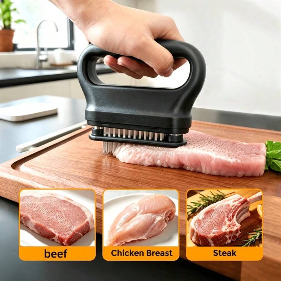 1PC Meat Tenderizer Tool With 48 Stainless Steel Ultra-Sharp Needles And Protective Cover, Suitable For Beef, Turkey, Chicken, Steak, Veal, Fish, Etc., Heavy-Duty Cooking Tool Best For Tenderizing, Grilling, Marinating Kitchen Cooking