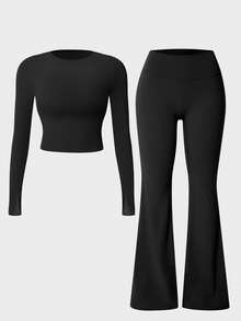 NcmRyu Women's One Set Solid Color Thumbhole Short Long Sleeve Flare Pants Sports Set - Black - View 4