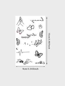 1 Sheet Ins Minimal Temporary Tattoo Stickers, Fine Line Butterfly Heart Paw Print & Cursive Quote Fake Tattoos, Romantic Tiny Body Art For Women, Waterproof Collarbone Decor - Multicolor - View 5