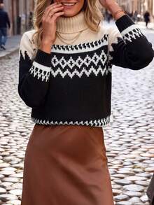 Plus Size Women's Colorblock Casual Versatile Daily Wear Long Sleeve Sweater - Black - View 4