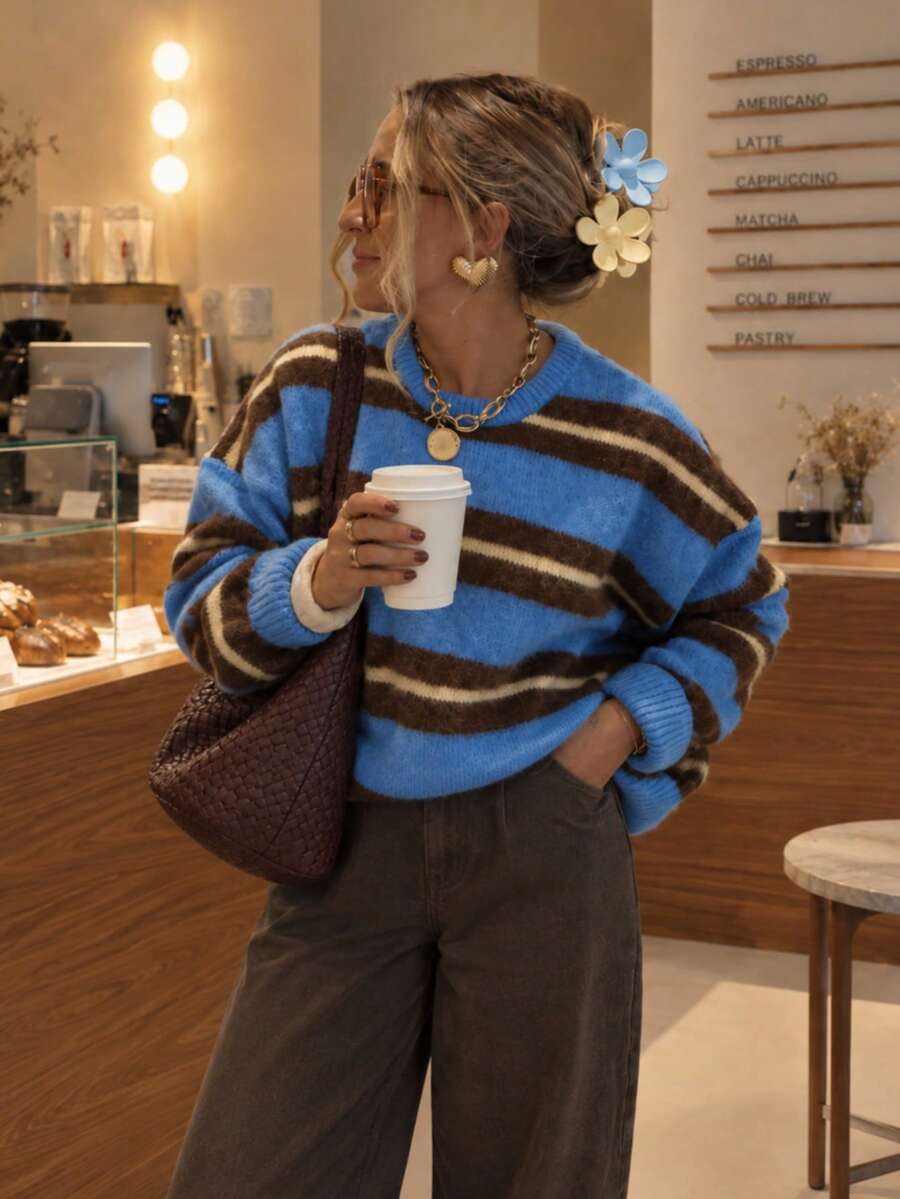 Women's Striped Crew Neck Knit Sweater, Loose Fit Pullover For Autumn/Winter, Suitable For Daily Commute And Street Casual Wear