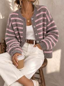 Women's New Autumn/Winter Striped Plush Knit Cardigan, Short Crew Neck Slouchy Elegant Versatile Sweater Jacket - Grey - View 1