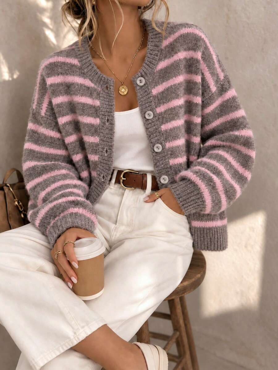 Women's New Autumn/Winter Striped Plush Knit Cardigan, Short Crew Neck Slouchy Elegant Versatile Sweater Jacket - Grey - View 1