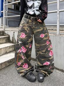 Infinite Jeans 1pc American Street Fashion Men's Patchwork Double Waist Distressed Ripped Embroidered Denim Jeans Loose Comfortable Wide Leg Pants All Season Versatile Denim Long Pants (Product Does Not Include Belt And Accessories) - Green - View 3
