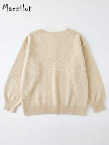 Women Plus‑Size Contrast Trim Notch Neck Knit Pullover, Balloon‑Sleeve Warm Casual Office Sweater For Autumn Winter - Khaki - View 7