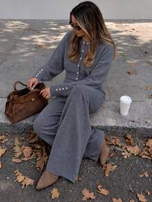 2pcs/Knitwear Set; Sweater & Pants Set With Button Details; Lounge Sets; 26 Fall/Winter New - Grey - View 3