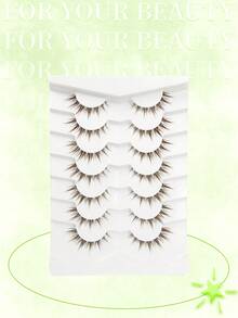 7 Pairs Brown False Eyelashes, Segmented Cat Eye Tail Extension Lashes, Natural Invisible Transparent Stem Cartoon Short Wet Look Lashes - Brown - View 2