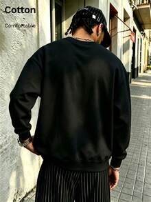 Men's Cotton Long Sleeve Crewneck Sweatshirt With Paris France Letter Print Casual Loose Pullover For Fall - Black - View 3