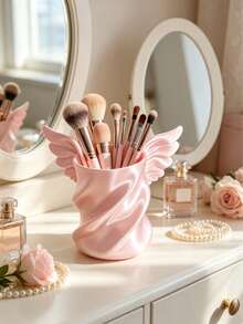 Makeup Brush Holder 1pc Large Capacity PLA Material, Fairy Style, Angel Wings Pattern, Spiral Twisted Design, Satin Cherry Blossom Pink, Vanity Tabletop Storage Box, Bedroom/Bathroom, Suitable For Girls/Best Friend Gift - Pink - View 2