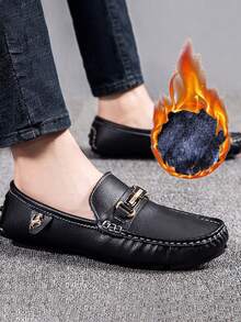 GAISIMA Men's Black Thermal Lined Loafers, Gold Buckle Metal Decor Business Slip-On Driving Shoes, Suitable For Daily Wear And Parties, Autumn/Winter Plus Size - Black - View 6