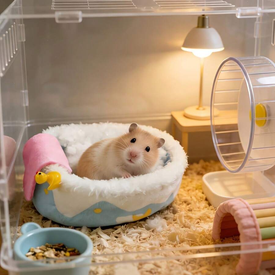 1pc Hamster Bed - Warm Soft Plush Round Nest, Cartoon Wave Pattern Comfortable Sleeping Bed, Suitable For Hamsters And Sugar Gliders, Winter Pet Cage Habitat Decoration - Multicolor - View 1