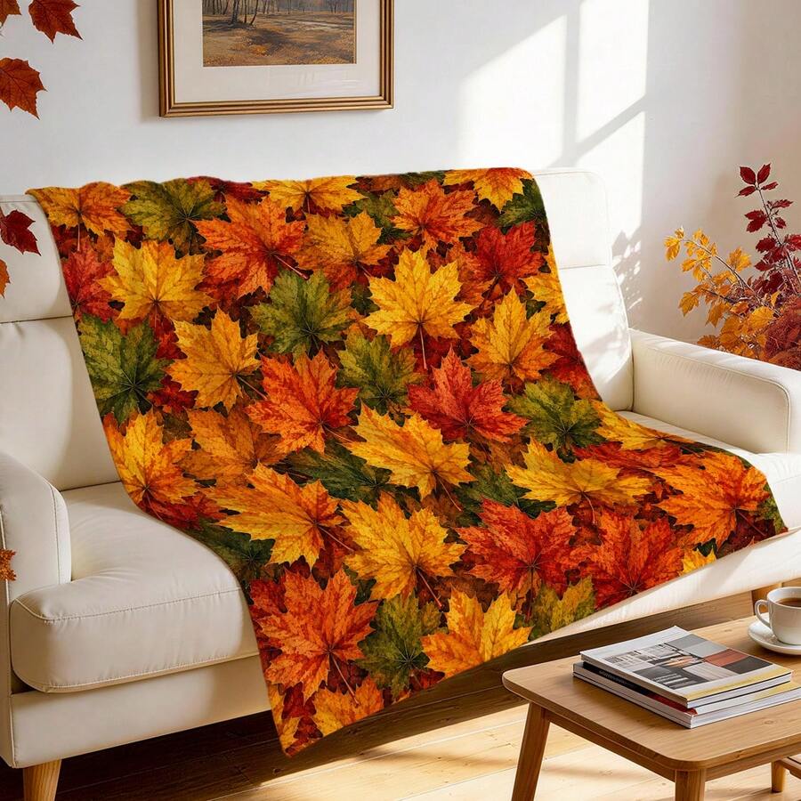 1pc Autumn Maple Leaf Theme Throw Blanket, Colorful Maple Leaf Print Pattern Fleece Blanket, Flannel Single-Sided Printed Blanket, Perfect For Holidays, Birthdays, Sofa And Home Decor - Multicolor - View 1