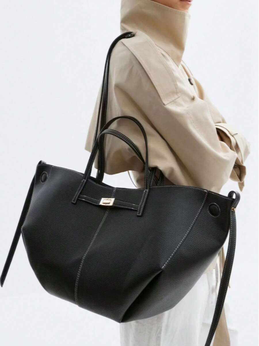 Dedoo Women's Solid Color Lychee Textured Faux Leather Wing Tote Bag, Gold Buckle, Long Handle, Side Shoulder Strap, Quiet Luxury Style, Suitable For Autumn Daily Commute And Shopping