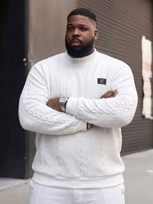 Plus Size Men's Half-High Neck Cable Knit Textured Sweatshirt, White Casual Comfortable Pullover Top - White - View 3