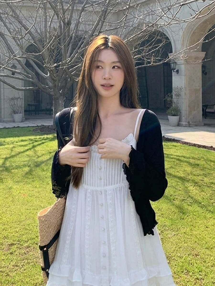 Y6Y 2026 New Korean Style Black Minimalist Sexy Cardigan, Ruffle Edge Versatile Loose Fit Sun Protection Long Sleeve Women Knit Sweater Top - Black - View 1