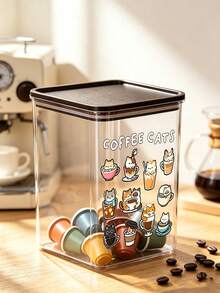 Cute Cup Cat And "Coffee Cats" Letter Pattern Coffee Storage Box, Sealed Plastic Food Jar, Large Capacity, Dustproof And Moisture-Proof, Kitchen Countertop Coffee Area Storage Box, Decoration, Kitchen Countertop Storage, Coffee Enthusiast Gift - Multicolor - View 1