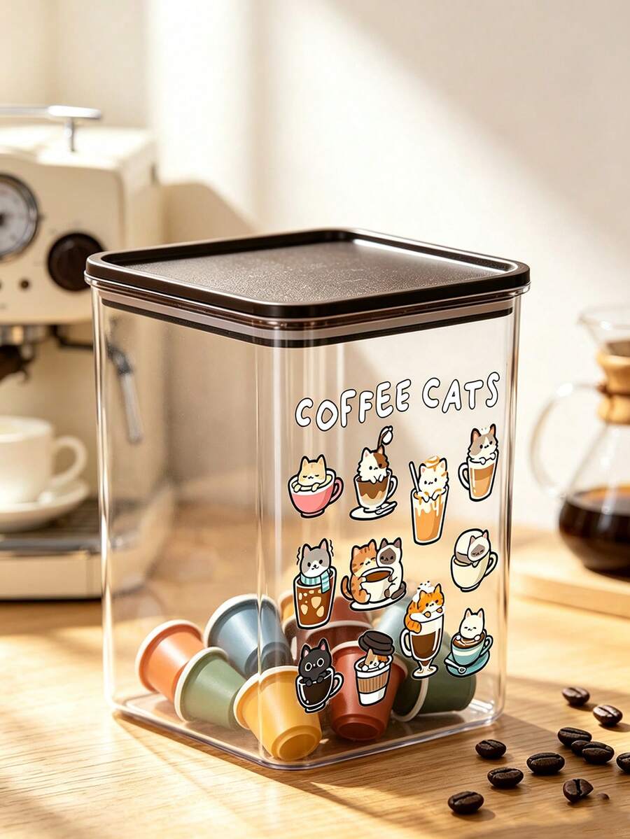 Cute Cup Cat And "Coffee Cats" Letter Pattern Coffee Storage Box, Sealed Plastic Food Jar, Large Capacity, Dustproof And Moisture-Proof, Kitchen Countertop Coffee Area Storage Box, Decoration, Kitchen Countertop Storage, Coffee Enthusiast Gift - Multicolor - View 1