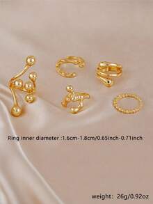 5pcs/Set Women's Thick Gold-Plated Open Rings, Aesthetic Asymmetric Dome & Multi-Ball Design Personalized Rings, Suitable For Daily, Work, Vacation - Gold - View 5