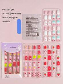 VV MEI JIA ER 3 Sets (72pcs - Watermelon/Rainbow/Unicorn) Cute Design Small Size Children's Press-On Nails, Acrylic Fake Nails, Adhesive Full Coverage, Rainbow Cute Rabbit Short Oval Fake Nails Manicure Set, Suitable For Girls, Press-On Nails Manicure Decoration Gift - Multicolor - View 4