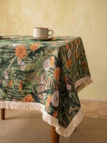 1pc Green Background Vintage Autumn Dandelion Jacquard Tablecloth, Natural Rustic Style Jacquard Fabric Square Beige Tassel Edge Detail Stain-Resistant Protective Desktop Functional Home Dining Table Cloth Suitable For Daily Home Use And Natural Table Setting Scenes - Green - View 4