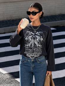 Gothic Print Round Neck Long Sleeve Cyber Y2K Pullover Sweatshirt For Women, Streetwear Casual Spring - Navy Blue - View 1