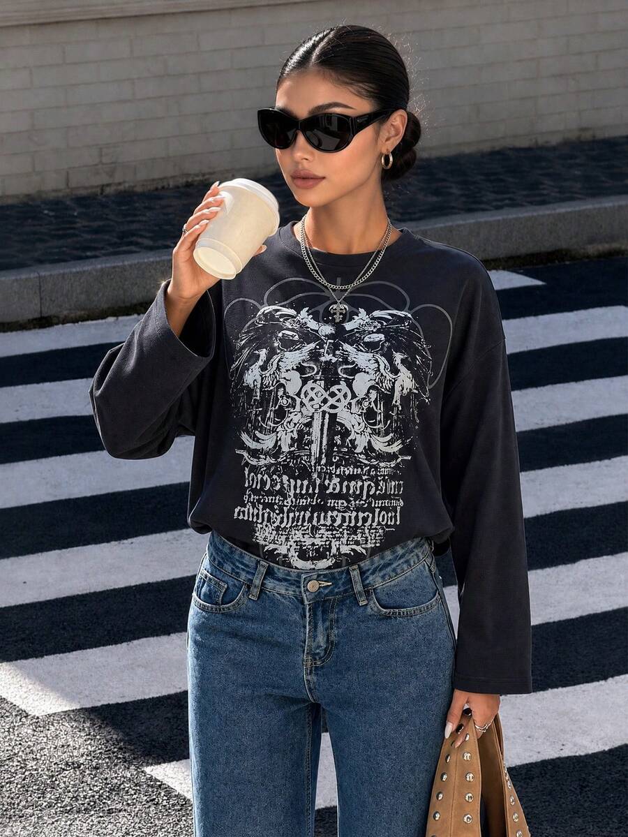 Gothic Print Round Neck Long Sleeve Cyber Y2K Pullover Sweatshirt For Women, Streetwear Casual Spring - Navy Blue - View 1