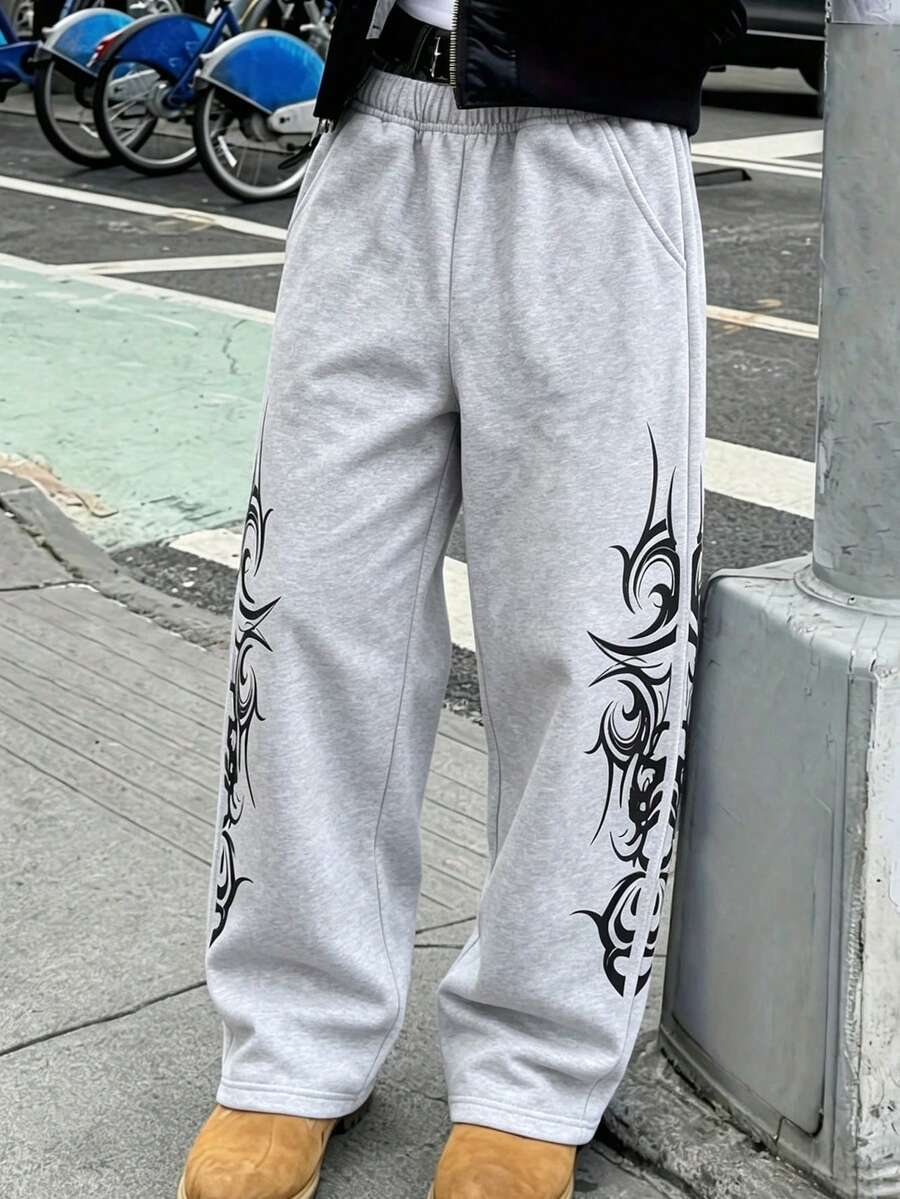 Lurzo Celana Panjang Lurus Longgar Gaya Streetwear Y2K untuk Anak Laki-Laki, Motif Totem Vintage + Desain Saku, Celana Panjang Lurus Gaya Jalanan yang Dipersonalisasi - Grey - View 1