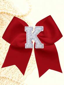 1pc Personalized A-Z Letter Bow Hair Clips For Little Girls, Red Ribbon Bow With Pearl Rhinestone Initial, Cute Daily Hairstyle Decorations - Red - View 22