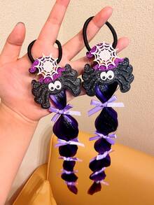 2pcs Girls Purple & Black Contrast Spider Hair Extensions Braided Hair Ties, High Elasticity, Fun Atmosphere Theme Holiday Costume Hair Accessories - Multicolor - View 3