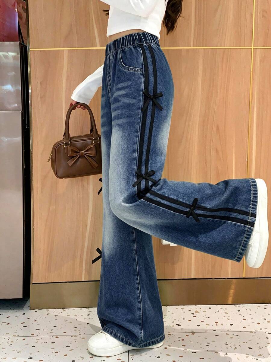 Celana Jeans Denim Model Lebar untuk Anak Perempuan dengan Detail Pita Hitam, Gaya Y2K, Pinggang Elastis, Pakaian Musim Gugur/Musim Dingin - Dark Wash - View 1