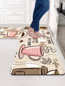 1pc Pink Coffee Cup Pattern Printed Kitchen Mat, Suitable For Home Kitchen, Dining Room, Living Room, Room Decoration - Baby Pink - View 1