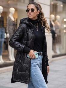Women's Long Quilted Hooded Jacket With Zip Front And Two Side Pockets - Black - View 3