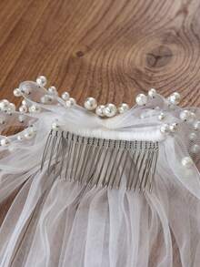 1 Pc Short Bridal Veil With Beaded Bow And Comb; Suitable For Civil Wedding Ceremonies And Bachelorette Parties. - White - View 5