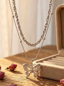 2/1 Pc Fall Decor Layered Butterfly Pendant Necklace Set Double Chain Inlaid Rhinestone Clavicle Necklaces Women Fall Style Jewelry Women - Silver - View 4