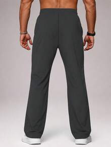 Men's Solid Color Sporty Woven Wide Leg Pants With Zipper Pockets, Suitable For Outdoor Activities, Fitness And Casual Daily Wear - Dark Grey - View 4