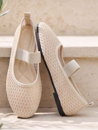 Women's Hollow Mesh Mary Jane Flat Shoes, Round Toe Elastic Strap Breathable Ballet Flats, Summer Casual Daily Slip-On Shoes