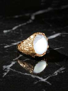 SEEKGLEE Round White Gemstone With Gold Metal Geometric Ring, Suitable For Women's Daily Wear, Ring Accessory, Holiday Gift - Gold Ring - View 3