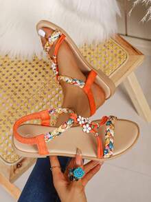 Women's Bohemian Floral Decor T-Strap Sandals, Colorful Woven Open Toe Elastic Back Strap Flat Sandals - Orange - View 3