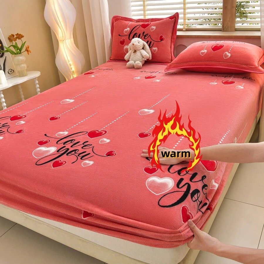 1pc Printed Plush Fitted Sheet, Soft Skin-Friendly Warm Mattress Cover, Full Coverage Fitted Sheet For Autumn/Winter