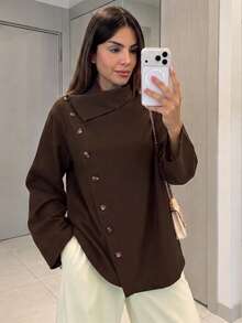 Women's Fashionable Coffee Color Asymmetric Diagonal Button Shirt, Loose Fit Vintage Commute Preppy Style Daily Top For Spring And Autumn - Brown - View 1
