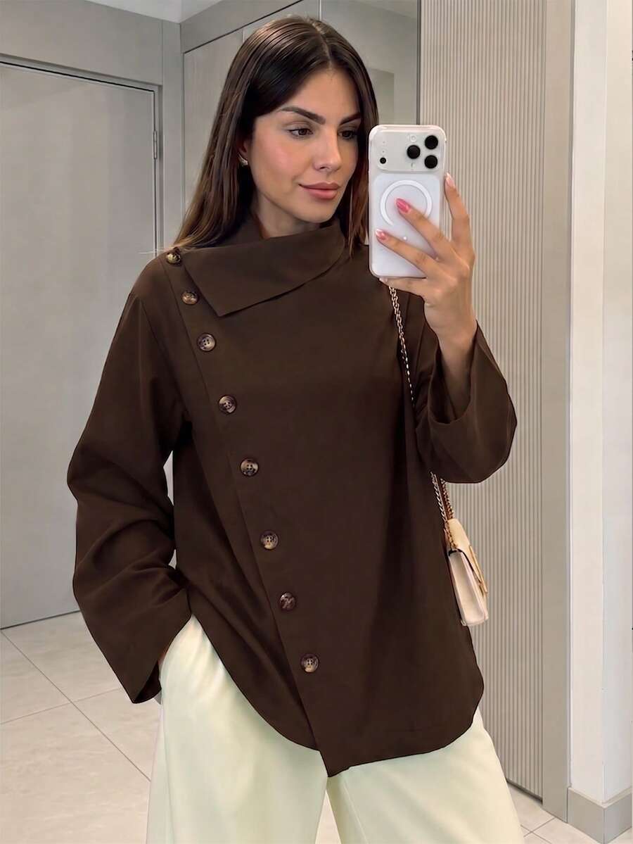 Women's Fashionable Coffee Color Asymmetric Diagonal Button Shirt, Loose Fit Vintage Commute Preppy Style Daily Top For Spring And Autumn - Brown - View 1