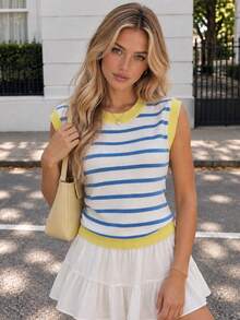 YuwenierPOP Preppy Nautical White Blue Stripe Knit Top Yellow Contrast Trim Crew Neck Cap Sleeve Drop Shoulder Sweaters Vacation Fall Campus Wear - Blue and White - View 3