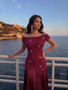 New Sexy Burgundy Off-Shoulder Heavy Rhinestone Evening Gown With Pleated Full Skirt, Bandage Long Dress, Elegant Women's Formal Evening Party Dress - Red - View 3