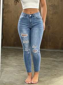Women's Blue Skinny Jeans, Stretchy Distressed Sexy Ripped Denim, Y2K Retro Casual Style, Autumn/Winter - Blue - View 4