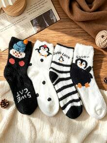 1/4/8 Pairs Cute Penguin And Snowman Plush Mid-Calf Socks, Soft And Warm -Lined Winter House Socks, Comfortable Cartoon-Patterned Sleep Socks - Multicolor - View 5