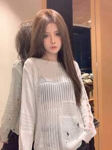 Atasan Sweater Seksi Model Longgar dan Ramping untuk Musim Gugur, Model Baru Jala Berongga Jala dengan Detail Usang - Putih - View 6
