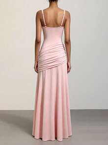 Women's Elegant Pink Square Neck Sleeveless Ruched Drop Waist Flowy A-Line Maxi Dress For Evening Party Wedding Guest Chic - Pink - View 3