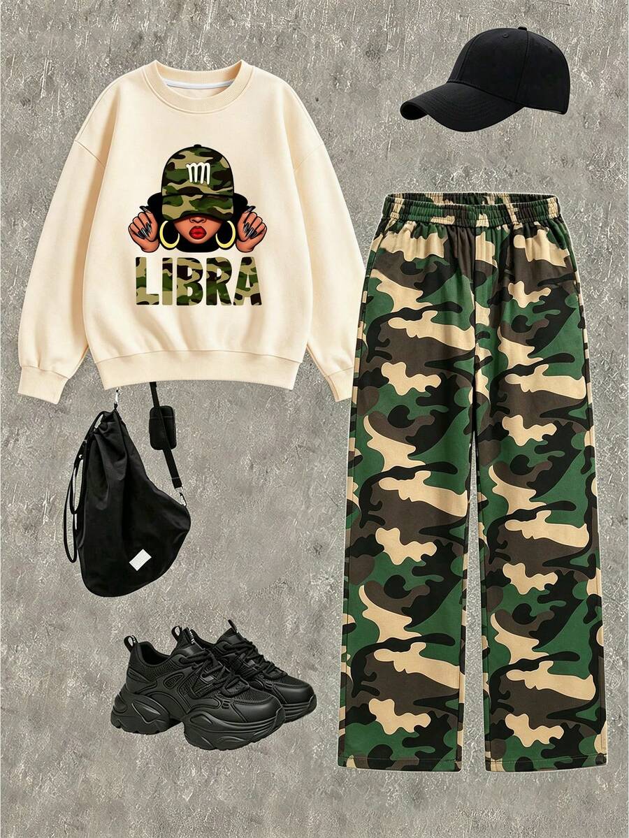 2pcs/Set Girls Outfit, LIBRA Graphic Crew Neck Sweatshirt + Camouflage Wide Leg Elastic Waist Pants, Casual Daily Set For Tween Girls - Multicolor - View 1