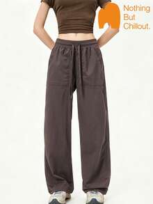 NBCT Women's Minimalist Solid Color Cargo Pants, Elastic Waist With Drawstring, Large Pockets, Adjustable Cuffs, Versatile For Commute, Streetwear And Outdoor - Brown - View 2
